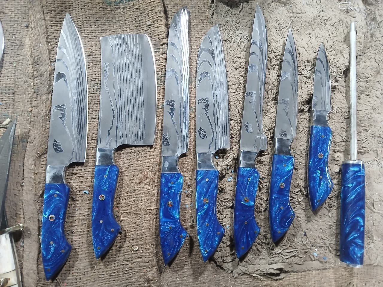 image1 8 Piece Stainless Blue handles, Forged Japanese VG10 blades with buckskin wrap - Image 1